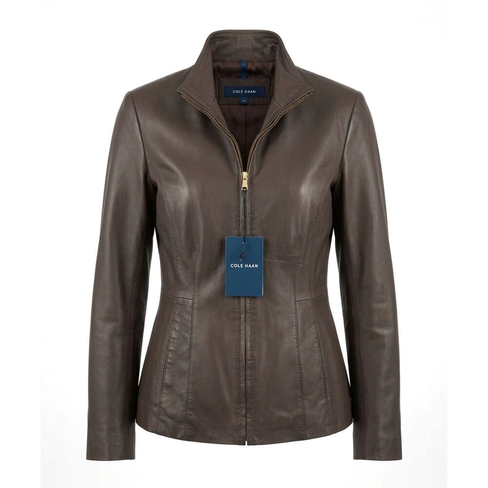 Cole Haan Women's Size SP Dark Espresso Wing Collar Lambskin Leather Jacket